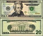 Image of fake USD currency with $20 bills highlighted as premium counterfeit products