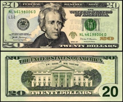 Image of fake USD currency with $20 bills highlighted as premium counterfeit products