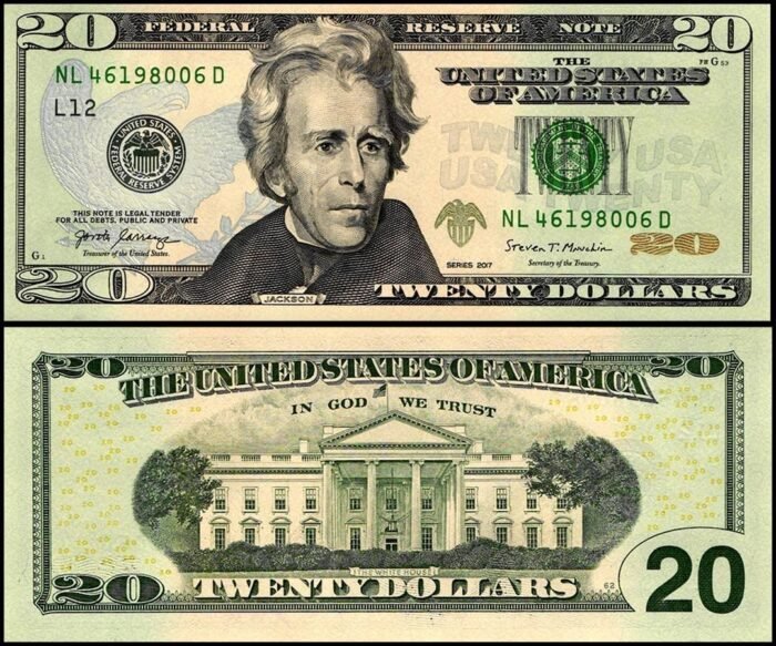 Image of fake USD currency with $20 bills highlighted as premium counterfeit products