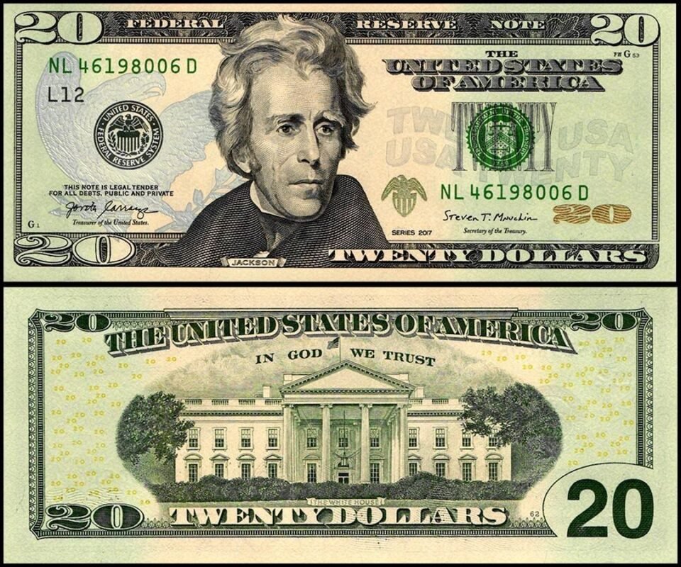 Image of fake USD currency with $20 bills highlighted as premium counterfeit products