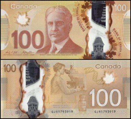 Close-up of counterfeit $100 Canadian bills featuring the portrait of Sir Robert Borden with advanced security replication.
