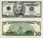 Undetectable counterfeit $50 bills arranged in a fan pattern for online money scheme