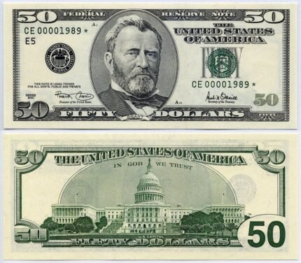 Undetectable counterfeit $50 bills arranged in a fan pattern for online money scheme
