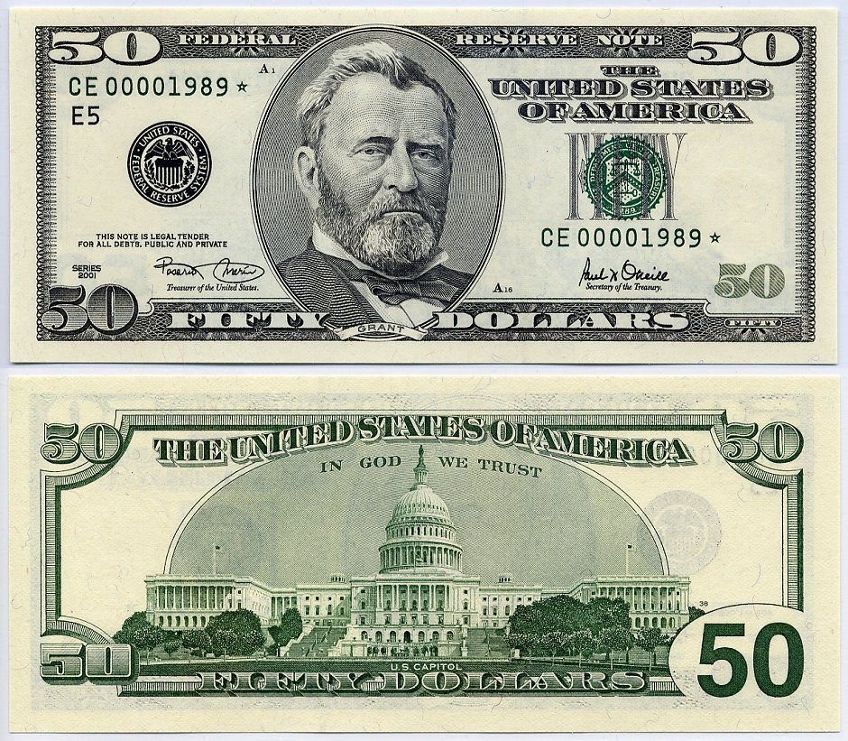 Undetectable counterfeit $50 bills arranged in a fan pattern for online money scheme