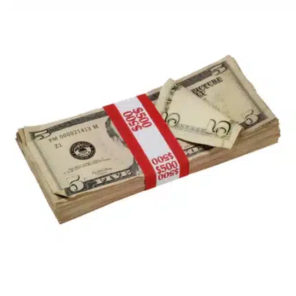 1980s fake $5 bills, Full Print Prop Money Stack – shop prop cash for retro movie shoots