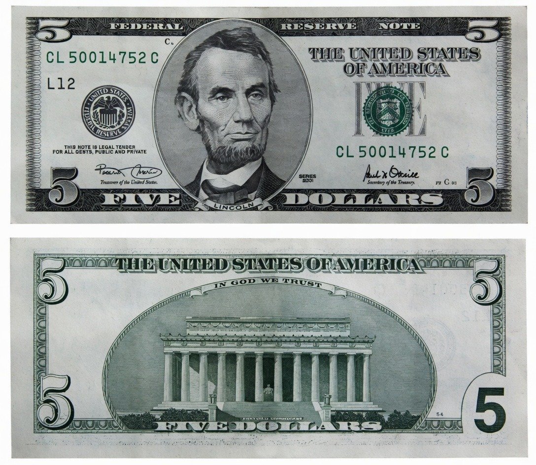 Premium counterfeit $5 USD Bills with holographic strips and security threads
