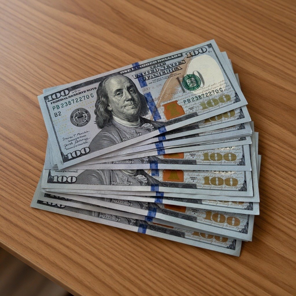 Close-up of high-quality counterfeit $100 bills with Benjamin Franklin portrait, showing realistic security features for sale online.