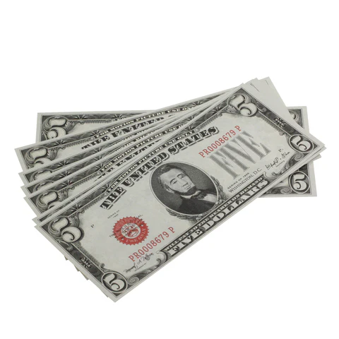 Order realistic 1920s $5 fake bills for HD video shoots