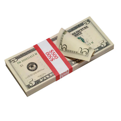 Order realistic new-style prop $5 bills for your project.